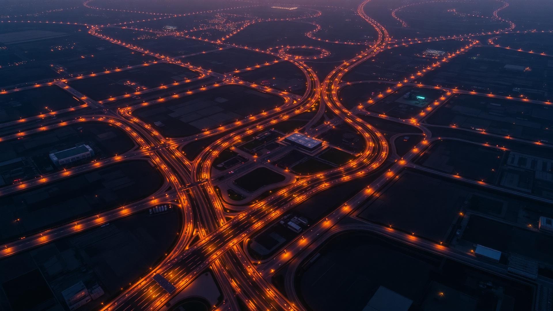 Dholera aerial road grid at twilight