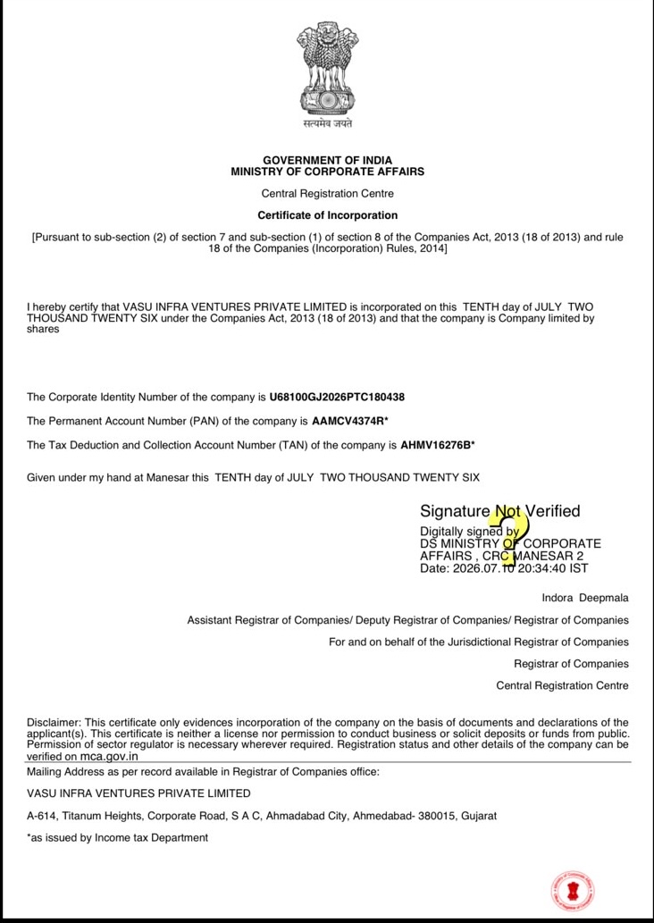 Certificate of Incorporation - Vasu Infra Ventures Pvt. Ltd.